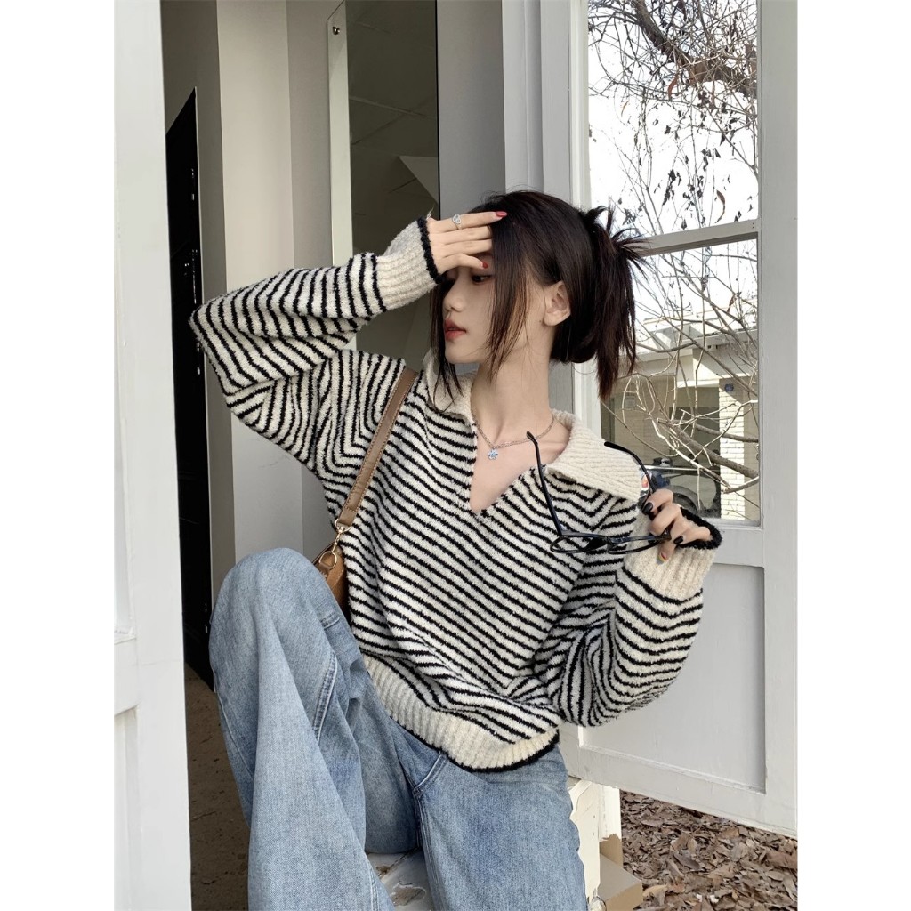 Áo sweater Cổ polo Dáng Rộng Thời Trang Thu Đông Cho Nữ
