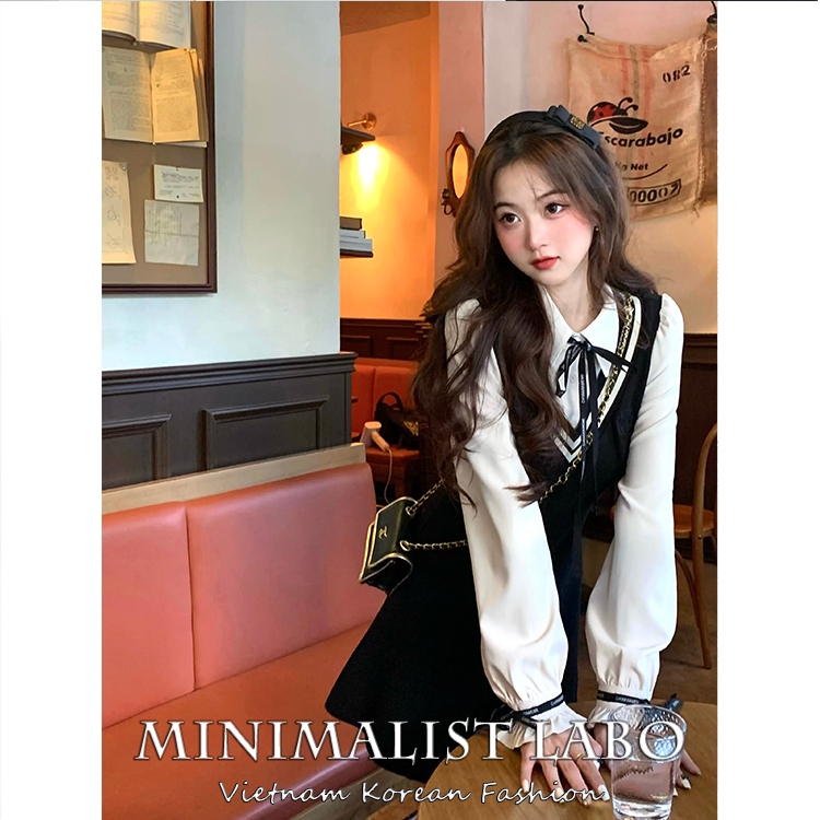Minimalist Labo Đầm Giả Hai Mảnh Cổ POLO Màu Sắc Tương Phản Phong Cách Hàn Quốc Gợi Cảm