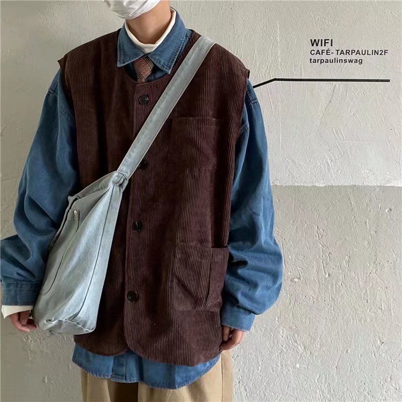 Áo Khoác vest Không Tay Dáng Rộng Màu Trơn Cài Nút Thời Trang Mùa Thu Cho Nam