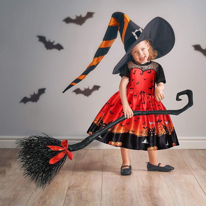 Đầm Hóa Trang Halloween Phối Ren Họa Tiết Bí Ngô Phù Thủy Kèm Túi Đựng Cho Bé Gái