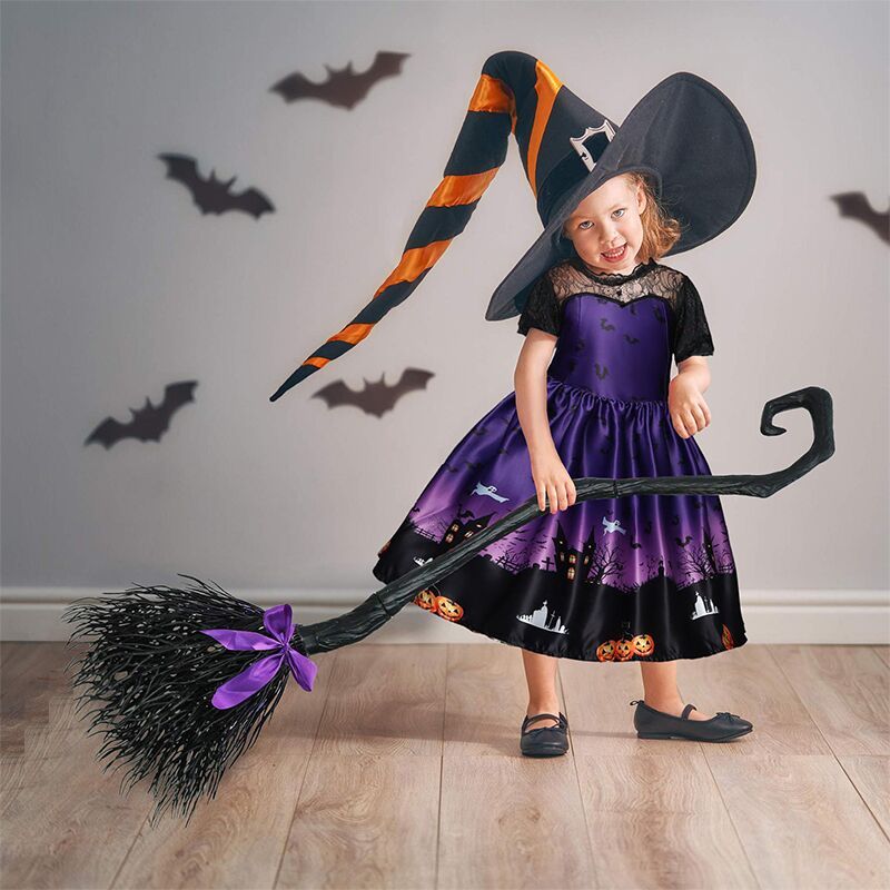 Đầm Hóa Trang Halloween Phối Ren Họa Tiết Bí Ngô Phù Thủy Kèm Túi Đựng Cho Bé Gái