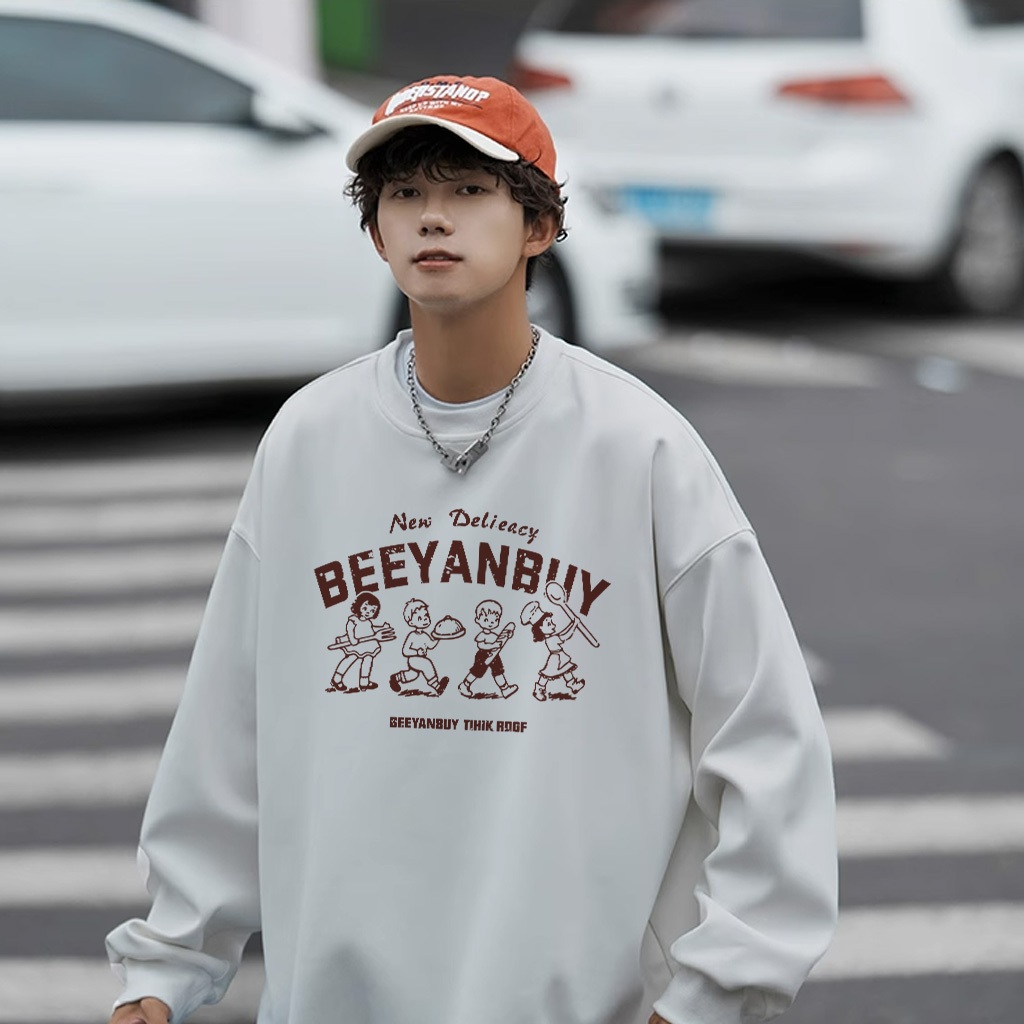 Áo sweater nam trắng mùa thu và mùa đông BEEYANBUY vintage cổ tròn áo nỉ tay dài thời trang đẹp in hình unisex 100% cotton-Y0507