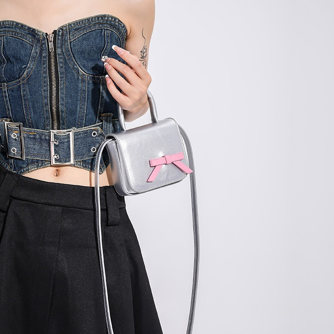 QFDI  Túi Đeo Chéo mini Hình Vuông Đính Nơ Màu Tương Phản Sáng Tạo Cho Nữ