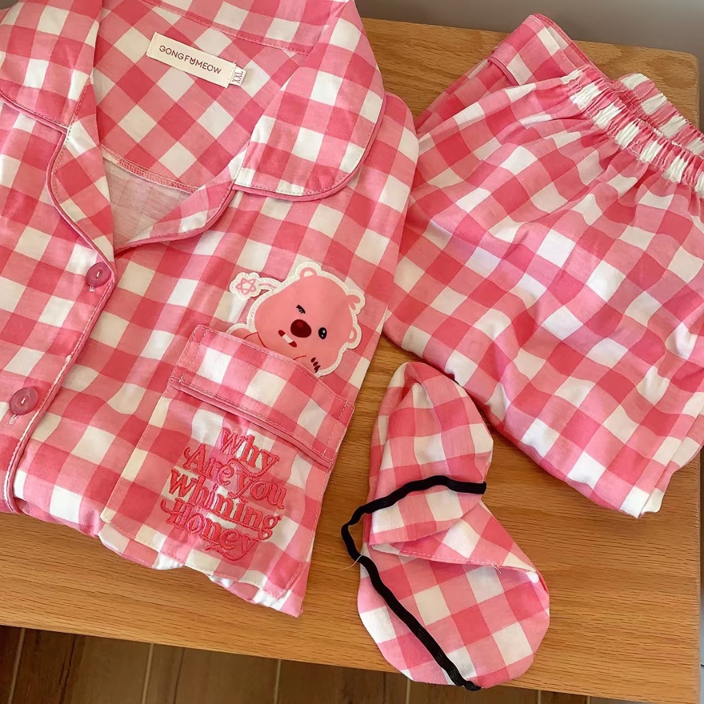 YAMI Bộ Đồ Ngủ Tay Dài In Họa Tiết Caro Hoạt Hình Dễ Thương Thời Trang Xuân Thu Cho Nữ