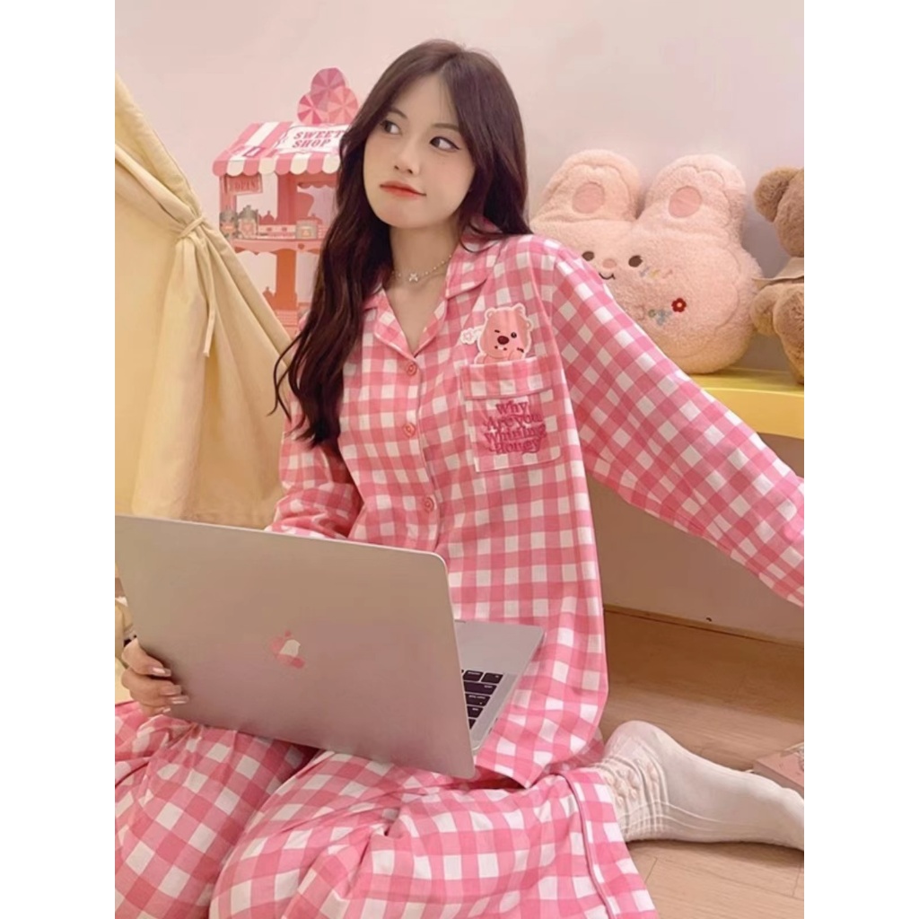 YAMI Bộ Đồ Ngủ Tay Dài In Họa Tiết Caro Hoạt Hình Dễ Thương Thời Trang Xuân Thu Cho Nữ