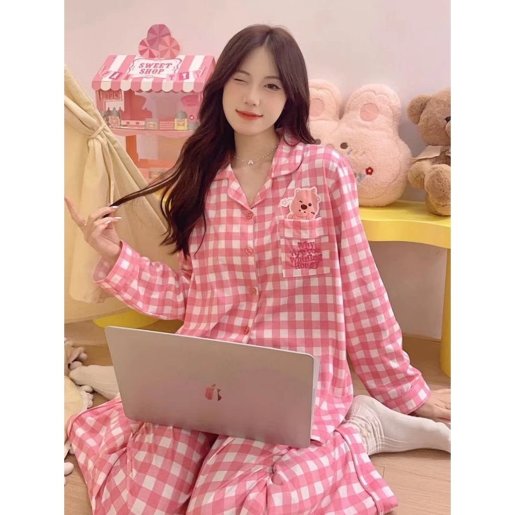 YAMI Bộ Đồ Ngủ Tay Dài In Họa Tiết Caro Hoạt Hình Dễ Thương Thời Trang Xuân Thu Cho Nữ