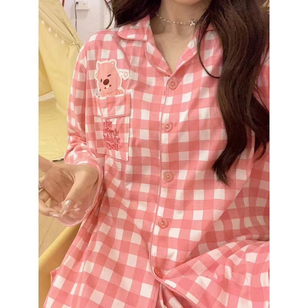 YAMI Bộ Đồ Ngủ Tay Dài In Họa Tiết Caro Hoạt Hình Dễ Thương Thời Trang Xuân Thu Cho Nữ
