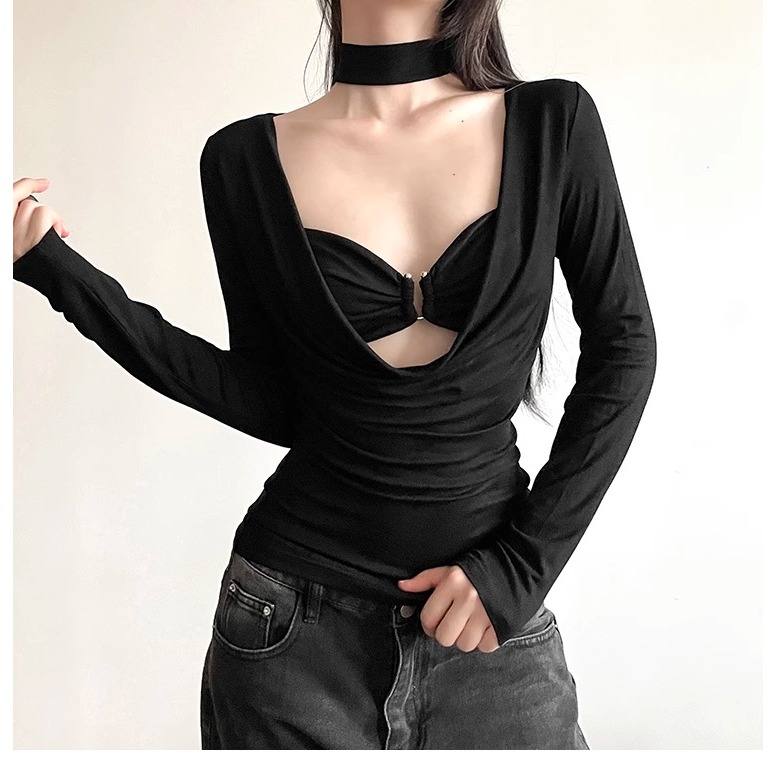 Áo Thun Tay Dài Cổ Thấp Dây Mảnh Phong Cách Mới Mùa Thu