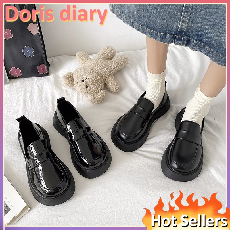【Doris diary】 Giày Lười Da Đế Mềm Màu Đen Phong Cách Anh Quốc Cho Nữ