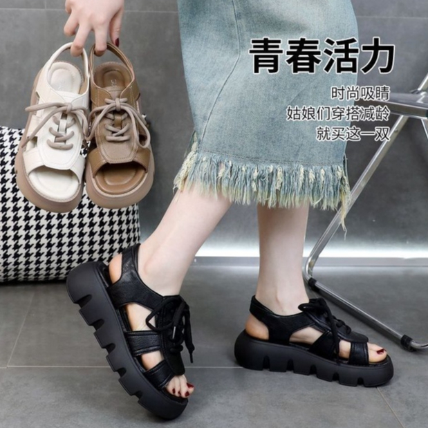 Giày Sandal nữ Đế cao chất da Xuồng Dày Buộc Dây Thời Trang Mùa Hè 2023 Cho Nữ