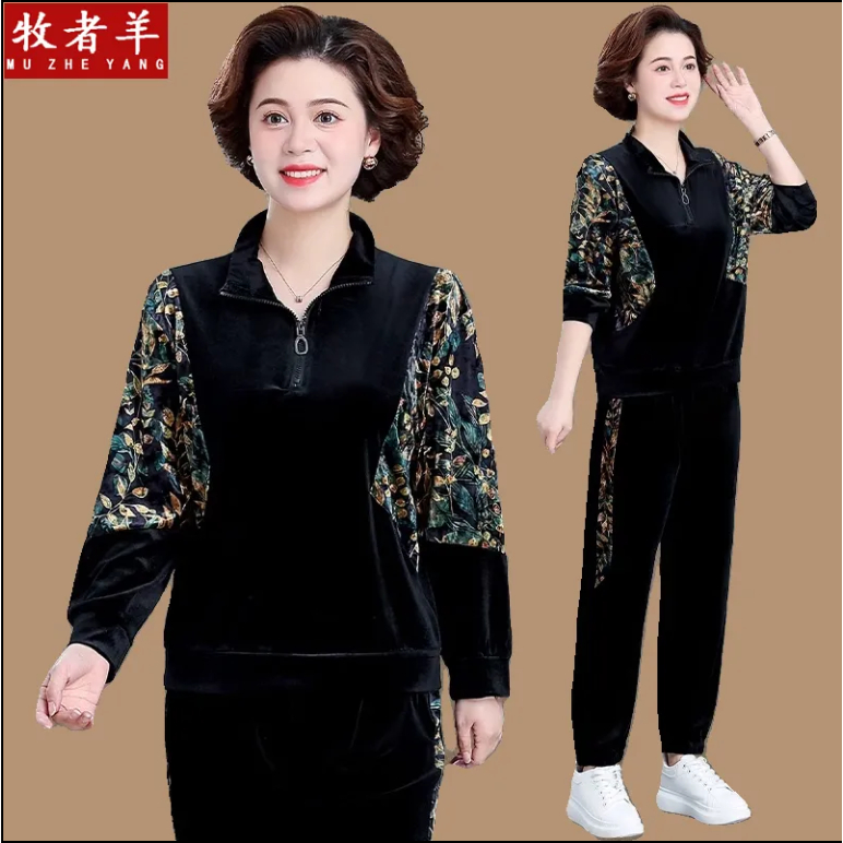 Set Đồ Thể Thao Chất Liệu Nhung Thời Trang Xuân Thu 2023 Cho Nữ Trung Niên 50-60 Tuổi