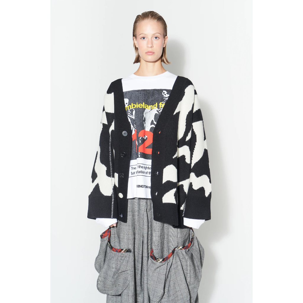 RRR123 New Vintage Black and White Contrast Jacquard Knitted V-neck Cardigan Loose Coat