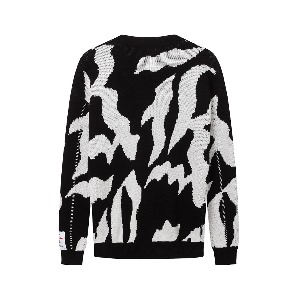 RRR123 New Vintage Black and White Contrast Jacquard Knitted V-neck Cardigan Loose Coat