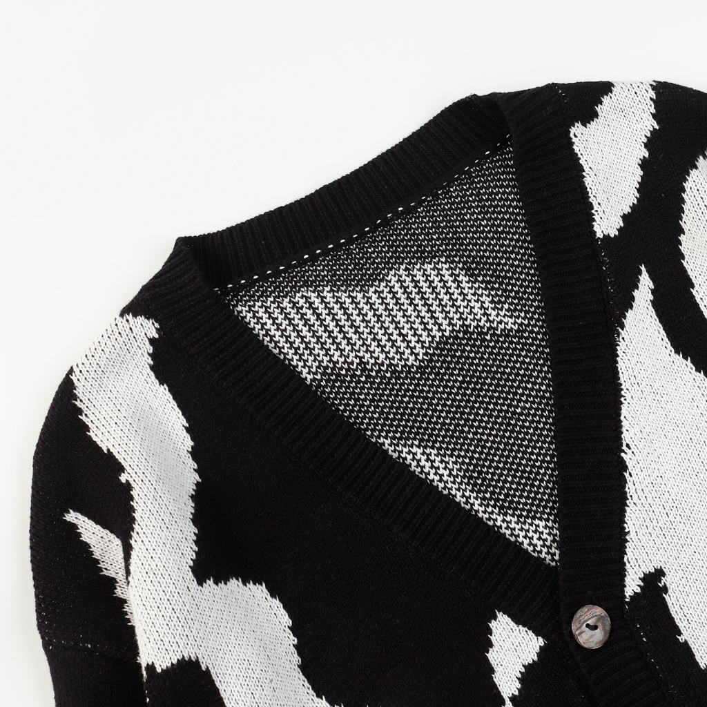 RRR123 New Vintage Black and White Contrast Jacquard Knitted V-neck Cardigan Loose Coat