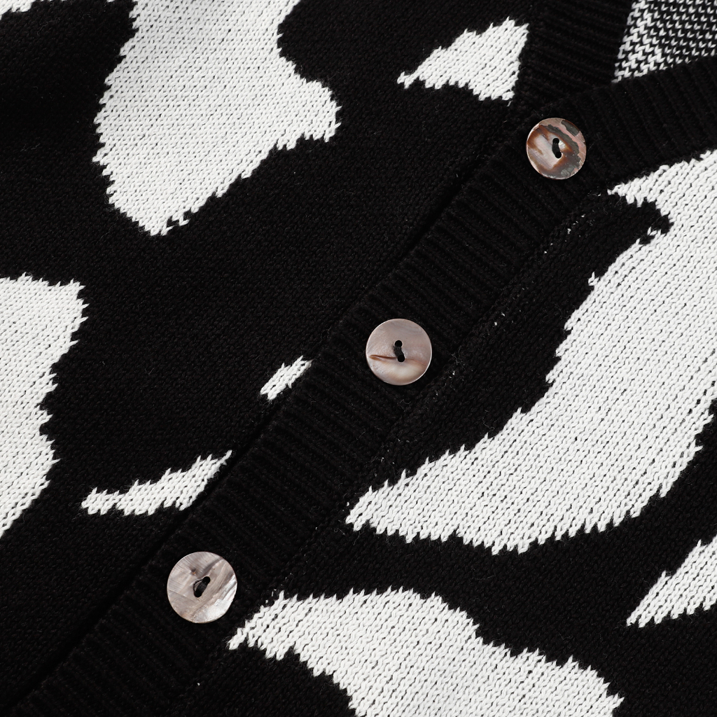 RRR123 New Vintage Black and White Contrast Jacquard Knitted V-neck Cardigan Loose Coat