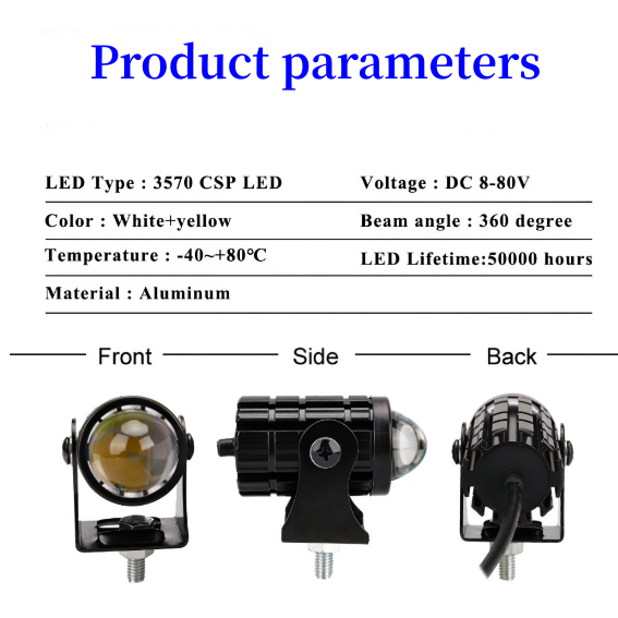Đèn Trợ Sáng Mini Bi Cầu 2 Mầu Cos Vàng Pha Trắng, Chứa công tắc Siêu Sáng 12-80v