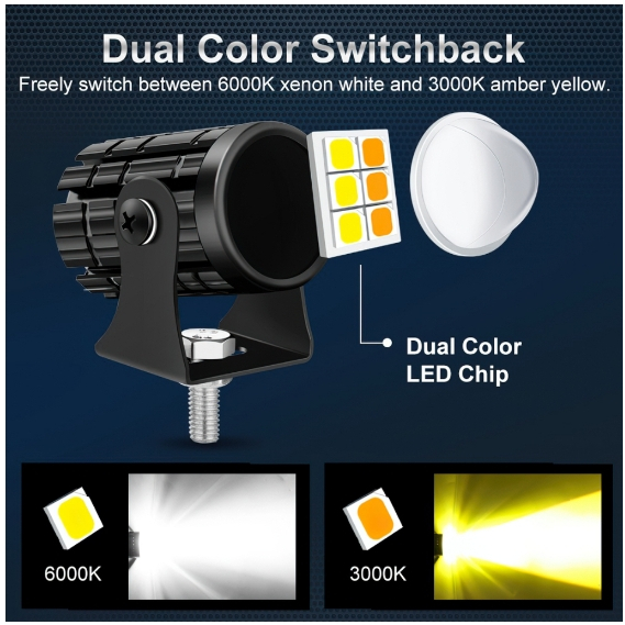 Đèn Trợ Sáng Mini Bi Cầu 2 Mầu Cos Vàng Pha Trắng, Chứa công tắc Siêu Sáng 12-80v