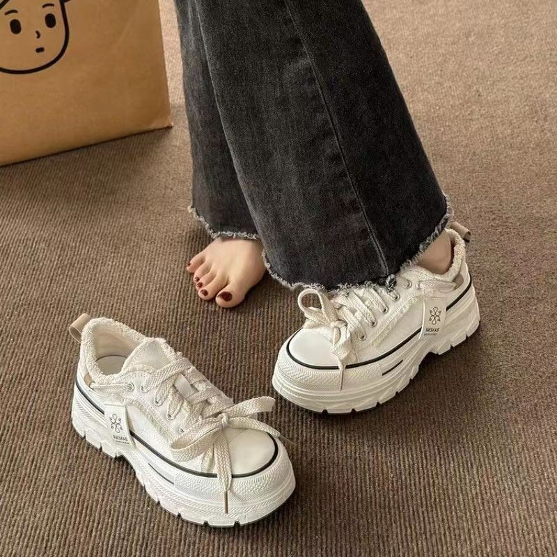 Ins Hàn Quốc Giày Vải Nữ Mùa Thu 2023 Mới Buộc Dây Sinh Viên Giày Thể Thao Đáy Dày muffin Giày Thường