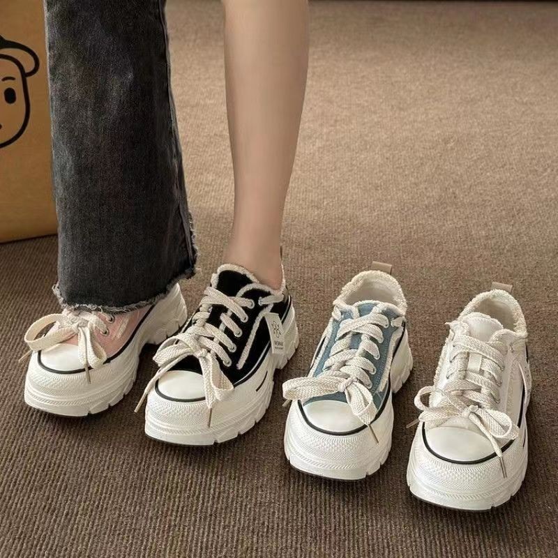 Ins Hàn Quốc Giày Vải Nữ Mùa Thu 2023 Mới Buộc Dây Sinh Viên Giày Thể Thao Đáy Dày muffin Giày Thường