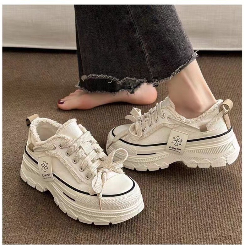 Ins Hàn Quốc Giày Vải Nữ Mùa Thu 2023 Mới Buộc Dây Sinh Viên Giày Thể Thao Đáy Dày muffin Giày Thường