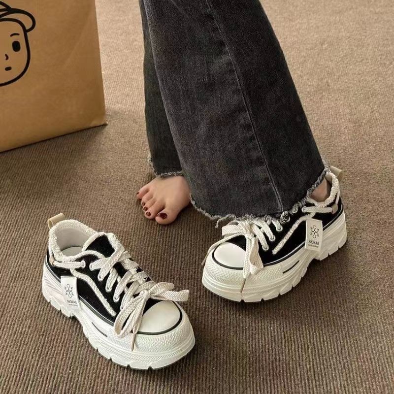 Ins Hàn Quốc Giày Vải Nữ Mùa Thu 2023 Mới Buộc Dây Sinh Viên Giày Thể Thao Đáy Dày muffin Giày Thường