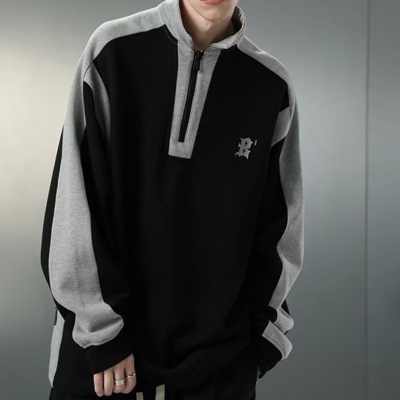 Áo sweater polo Dáng Rộng Màu Tương Phản Phong Cách Đường Phố Mỹ Thời Trang Cho Nam