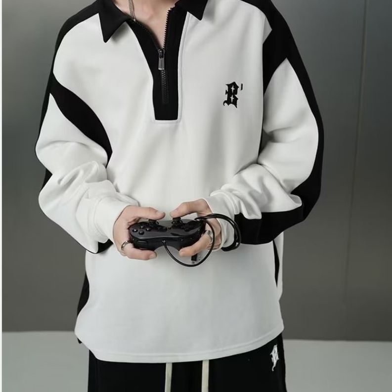 Áo sweater polo Dáng Rộng Màu Tương Phản Phong Cách Đường Phố Mỹ Thời Trang Cho Nam