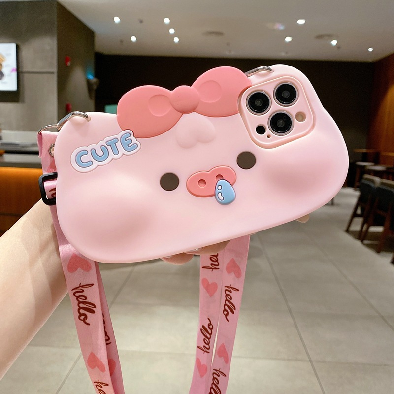 Ốp Điện Thoại Mềm Hình Heo Con Có Dây Đeo Dài Cho Xiaomi mi 11 lite 11t poco x3 x5 redmi 12c 9t 10c note 12 11 10 pro 11s 9a