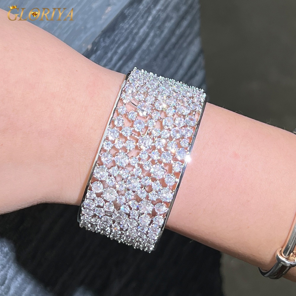 Gloriya Siêu Sang Trọng Mạ Vàng Trắng Lát Sáng AAAAA Cubic Zircon Vòng Tay Rộng Vòng Tay Nữ Tay Trang Sức Cho Đám Cưới Đính Hôn B187