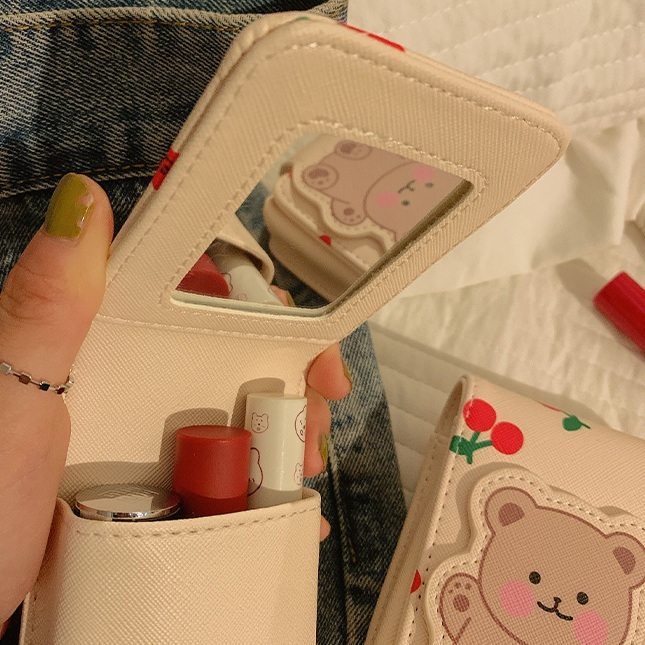 Túi Đựng Mỹ Phẩm mini Kèm Gương Hình Gấu Dễ Thương Hoạt Hình
