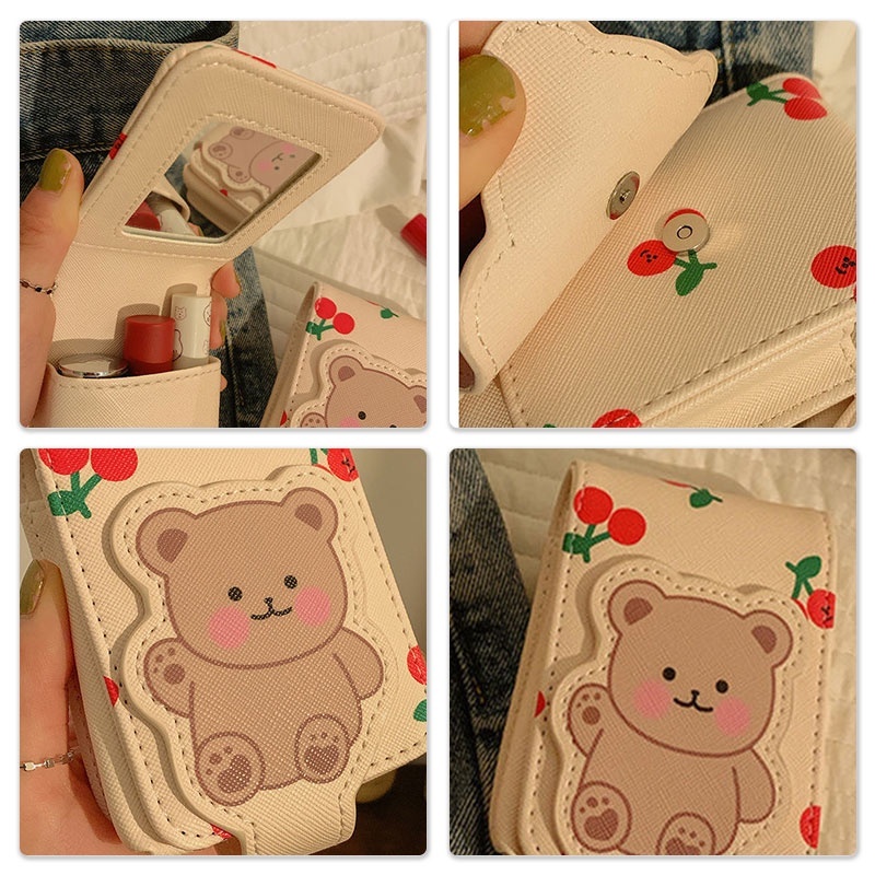 Túi Đựng Mỹ Phẩm mini Kèm Gương Hình Gấu Dễ Thương Hoạt Hình