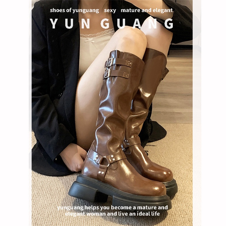Yunguang Giày Bốt Cổ Cao Đế Dày Màu Nâu Phong Cách retro Thời Trang Cho Nữ