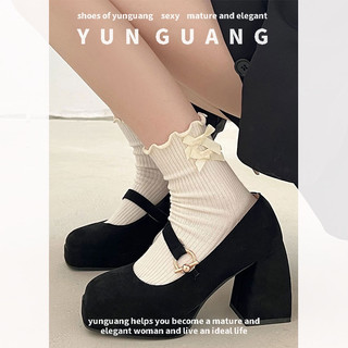 Giày cao gót da lộn mũi vuông màu đen thời trang cho nữ