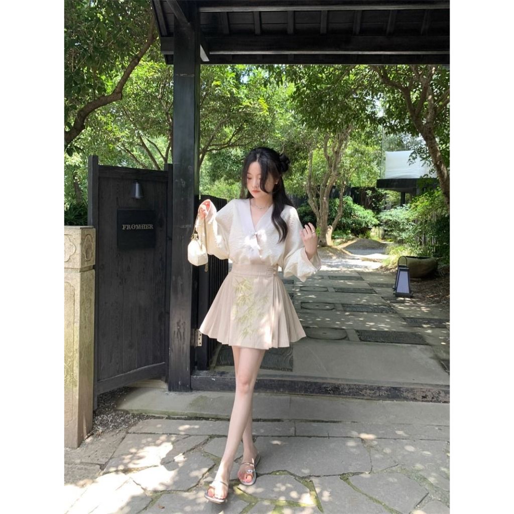 Ethelgirl Mới set Áo Sơ Mi Tay Dài + Chân Váy Xếp Ly Thêu Họa Tiết Phong Cách Trung Hoa Thời Trang Cho Nữ