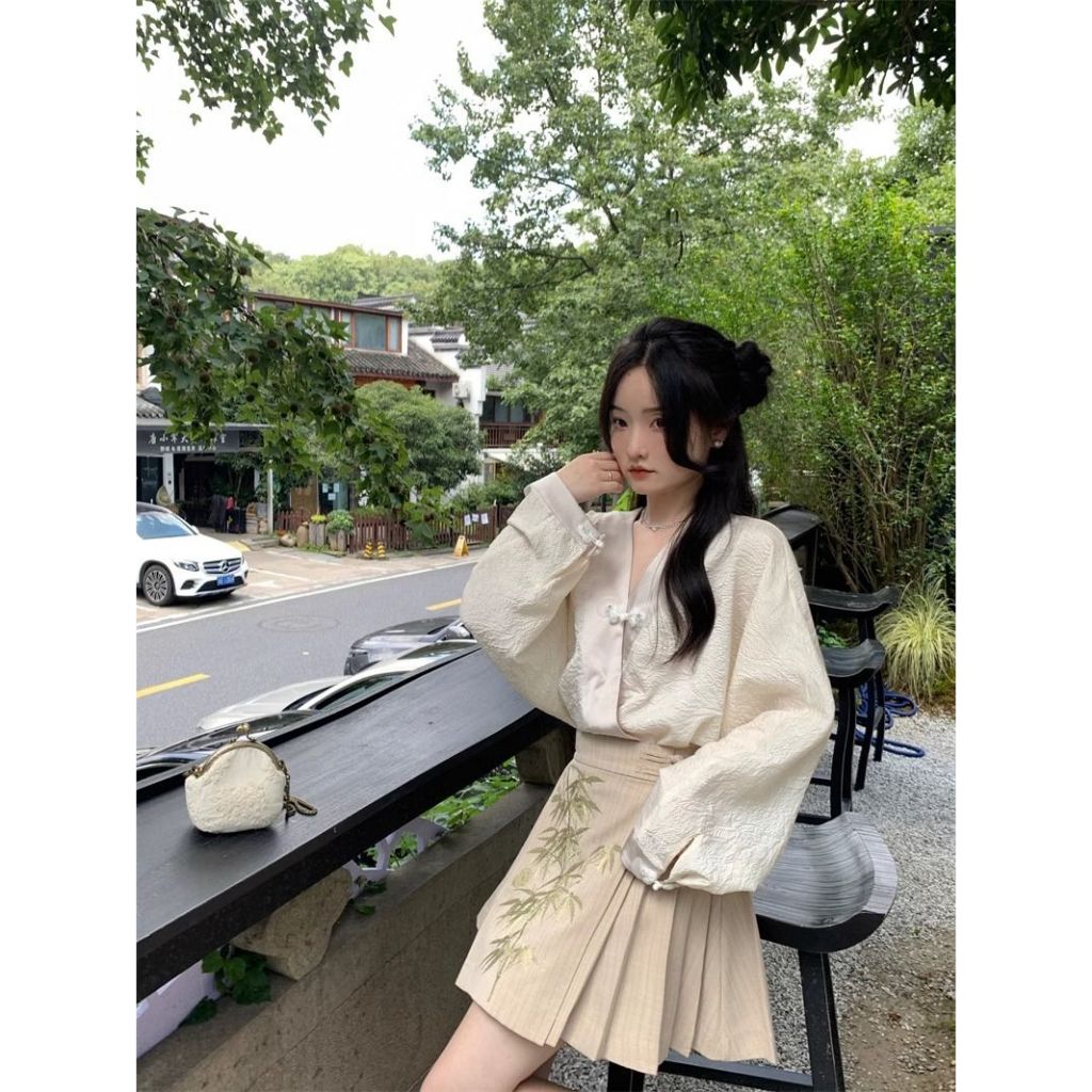 Ethelgirl Mới set Áo Sơ Mi Tay Dài + Chân Váy Xếp Ly Thêu Họa Tiết Phong Cách Trung Hoa Thời Trang Cho Nữ
