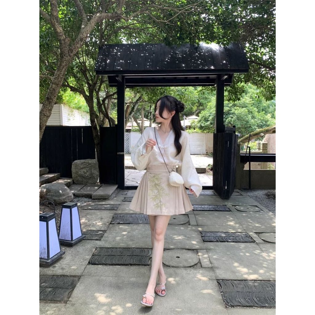 Ethelgirl Mới set Áo Sơ Mi Tay Dài + Chân Váy Xếp Ly Thêu Họa Tiết Phong Cách Trung Hoa Thời Trang Cho Nữ