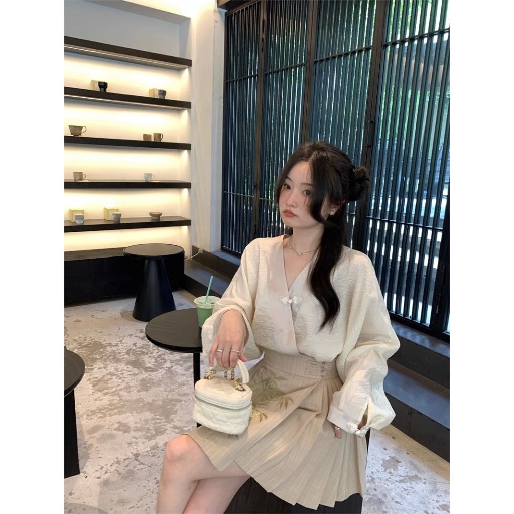 Ethelgirl Mới set Áo Sơ Mi Tay Dài + Chân Váy Xếp Ly Thêu Họa Tiết Phong Cách Trung Hoa Thời Trang Cho Nữ