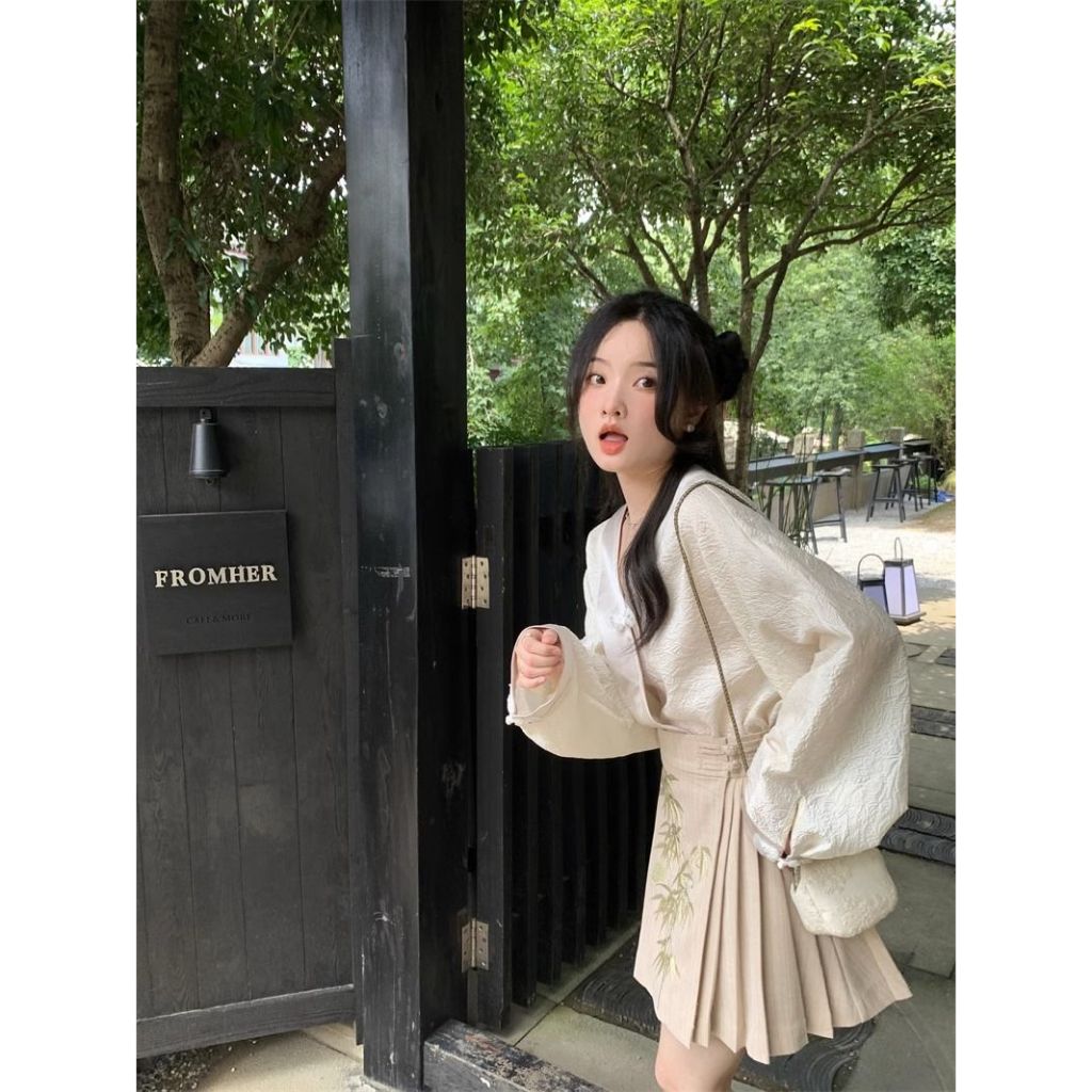 Ethelgirl Mới set Áo Sơ Mi Tay Dài + Chân Váy Xếp Ly Thêu Họa Tiết Phong Cách Trung Hoa Thời Trang Cho Nữ