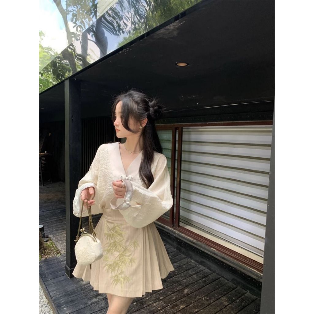 Ethelgirl Mới set Áo Sơ Mi Tay Dài + Chân Váy Xếp Ly Thêu Họa Tiết Phong Cách Trung Hoa Thời Trang Cho Nữ