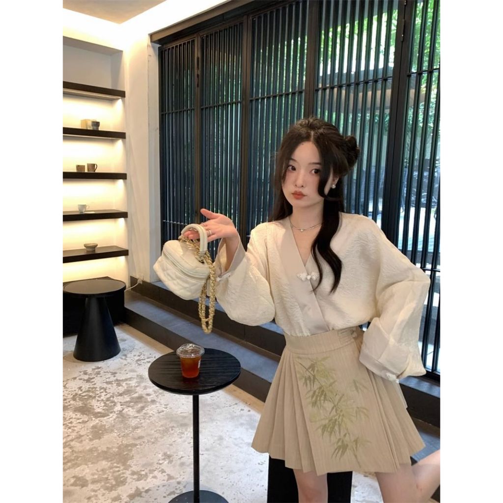 Ethelgirl Mới set Áo Sơ Mi Tay Dài + Chân Váy Xếp Ly Thêu Họa Tiết Phong Cách Trung Hoa Thời Trang Cho Nữ