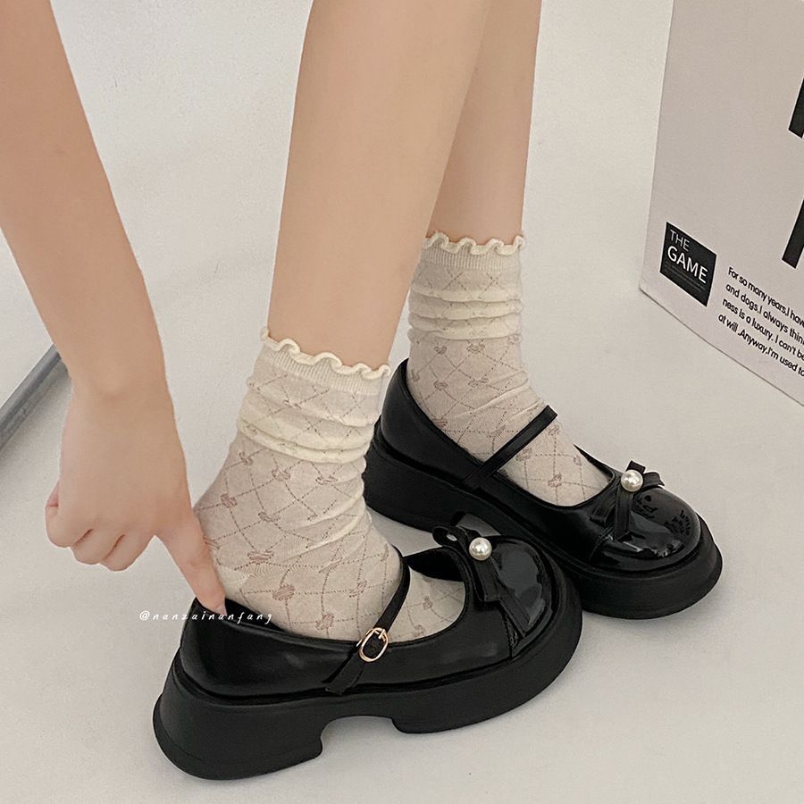 Giày Bup Bê Nữ 2 Màu Giày Mary Jane Da Thắt Nơ Phong Cách retro Pháp 2023 Dễ Phối Đồ