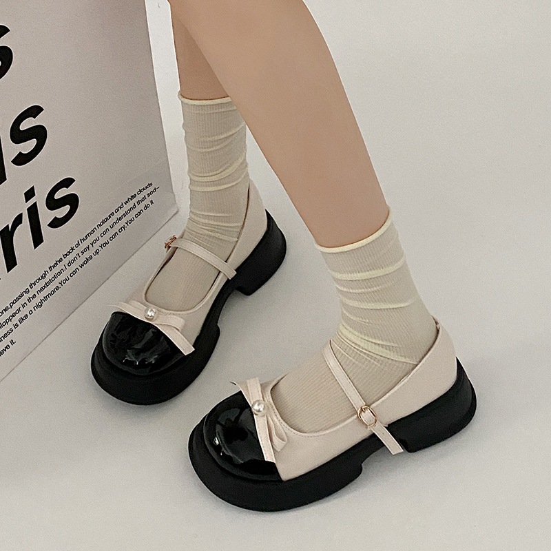 Giày Bup Bê Nữ 2 Màu Giày Mary Jane Da Thắt Nơ Phong Cách retro Pháp 2023 Dễ Phối Đồ