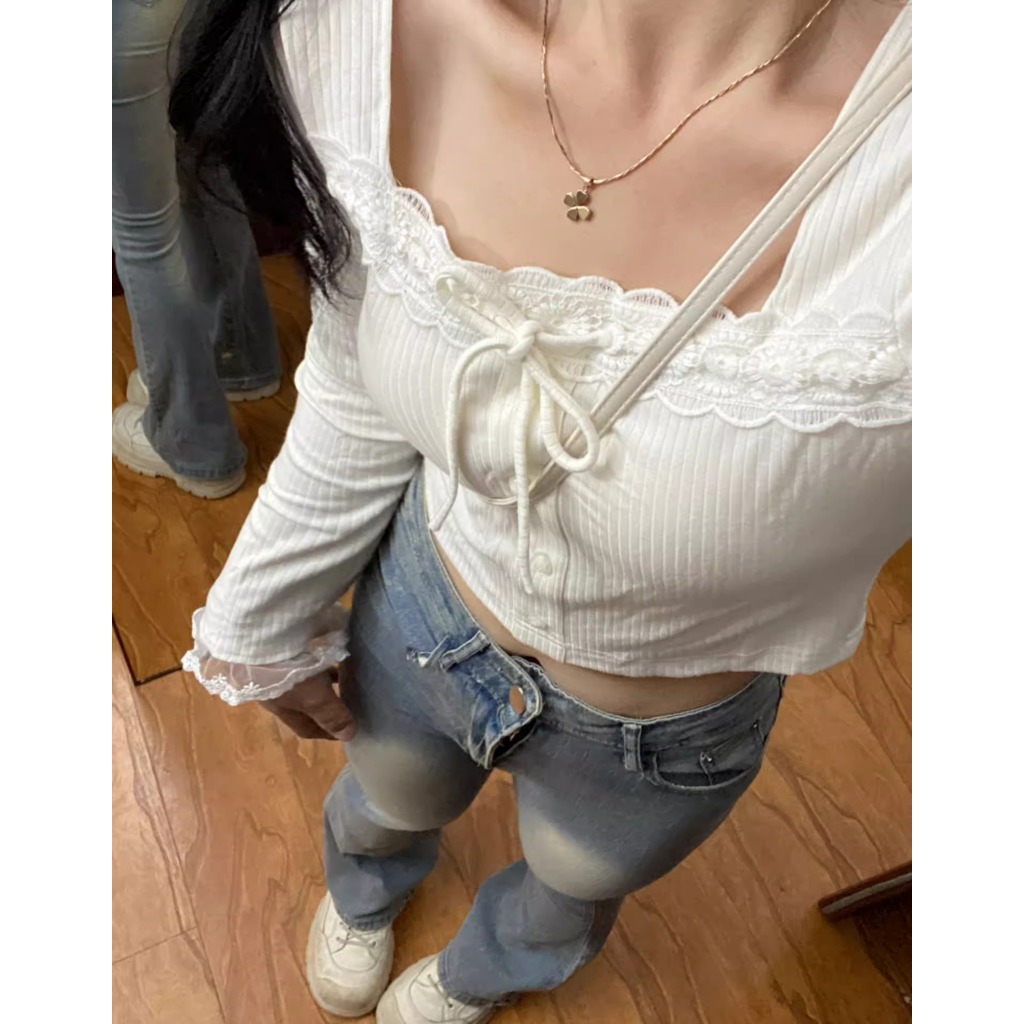 Ethelgirl Áo Thun Dài Tay Cổ Vuông Phối Ren Phong Cách Hàn Quốc Cho Nữ