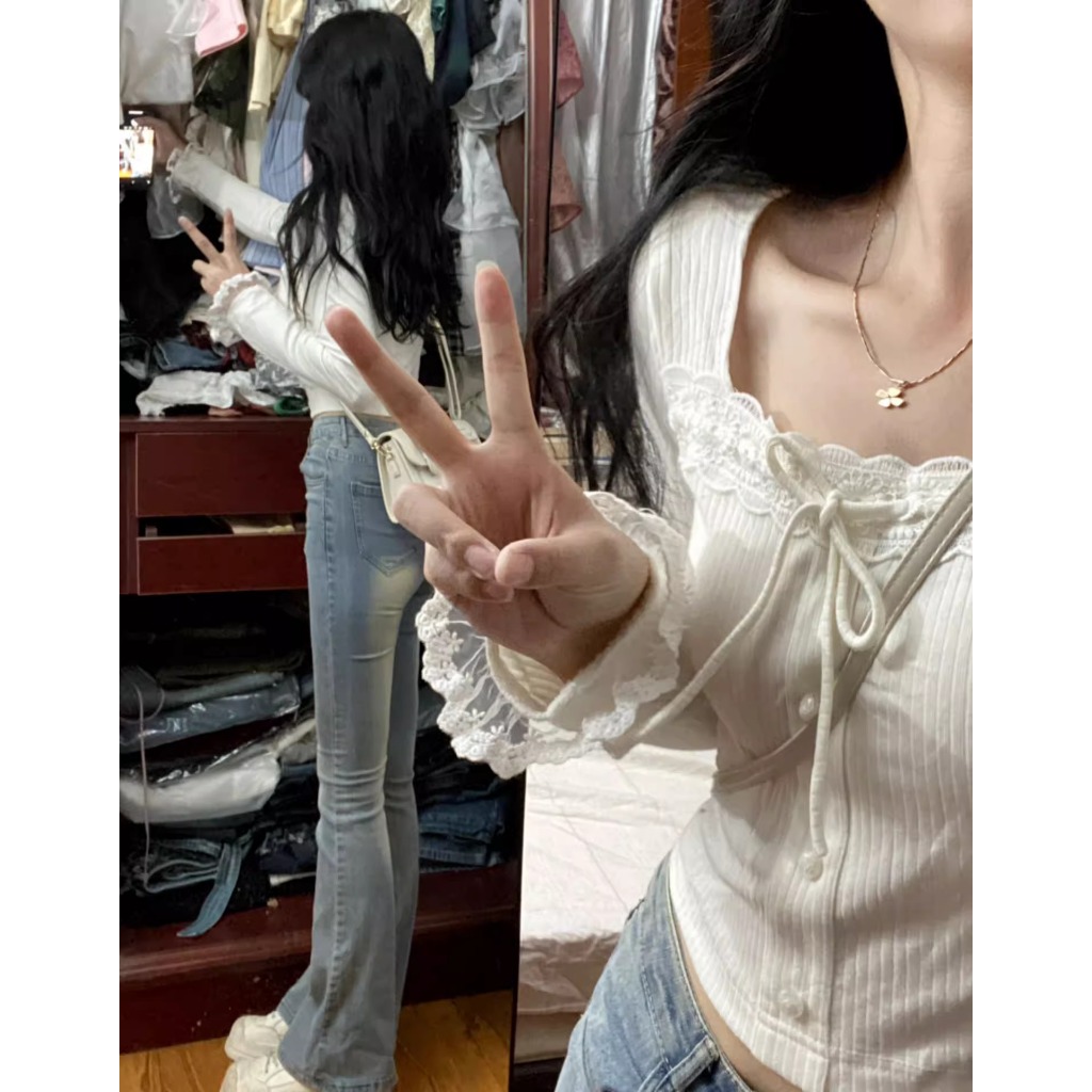 Ethelgirl Áo Thun Dài Tay Cổ Vuông Phối Ren Phong Cách Hàn Quốc Cho Nữ