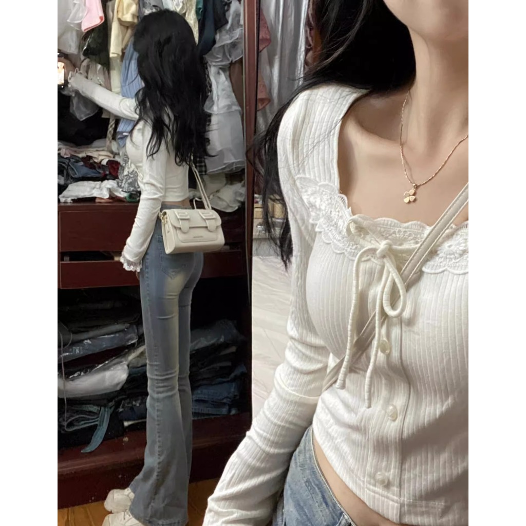 Ethelgirl Áo Thun Dài Tay Cổ Vuông Phối Ren Phong Cách Hàn Quốc Cho Nữ