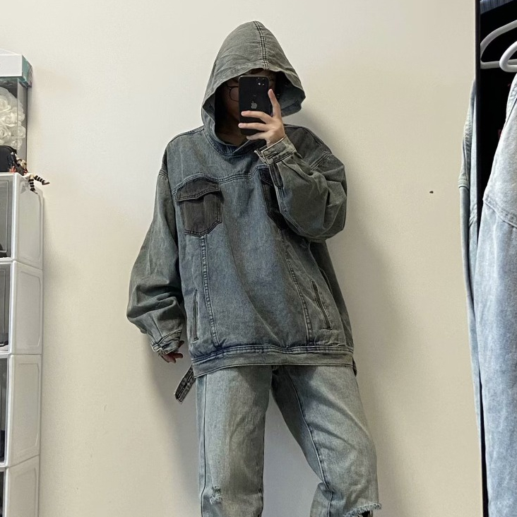 Áo Khoác Jean Tay Dài Có Nón Phong Cách harajuku Nhật Bản Cho Nam Nữ