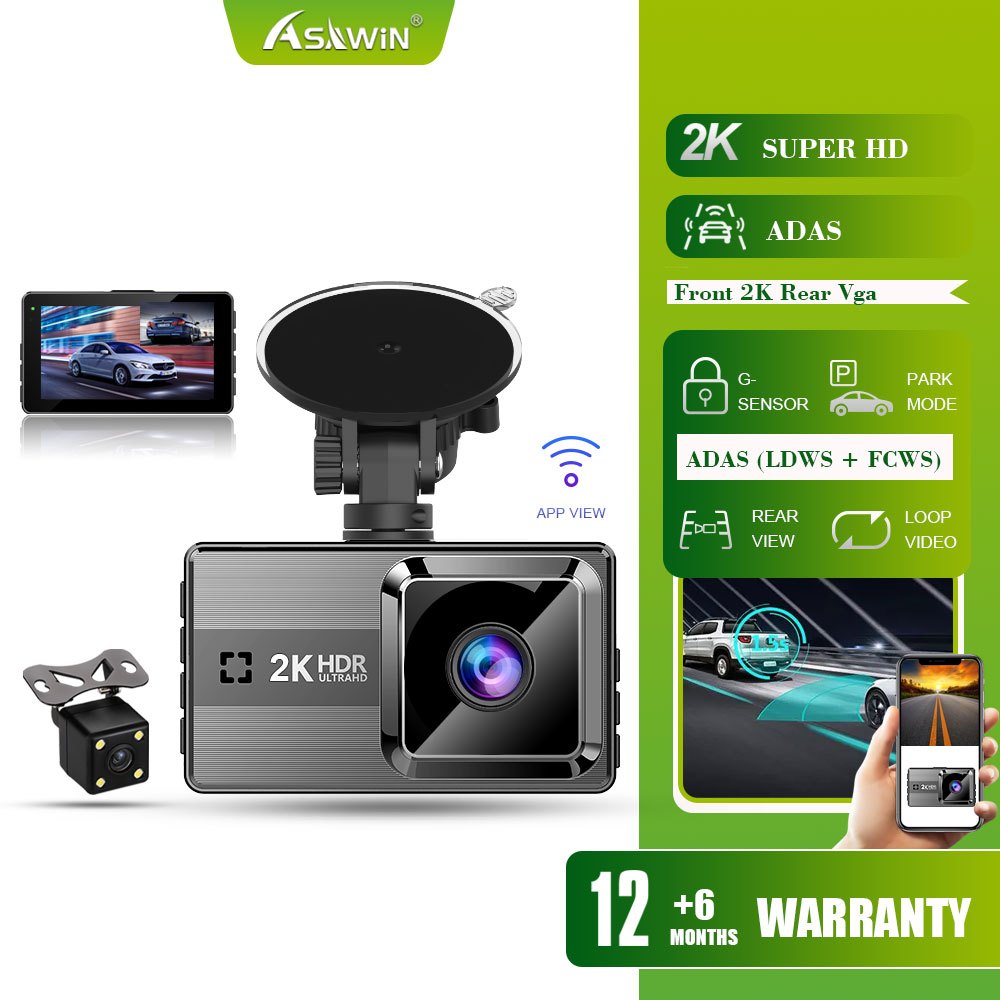 Asawin Adas Car Camera Wifi For Car Dvr LDWS FCWS 2K Front and Rear Dual Lens APP Control Night Vison 3 Inch IPS Dash cam