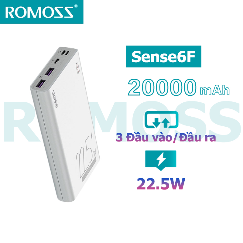 Sạc dự phòng ROMOSS Sense 6F 22.5W siêu nhanh 20000mAh tương thích 20W PD 18W