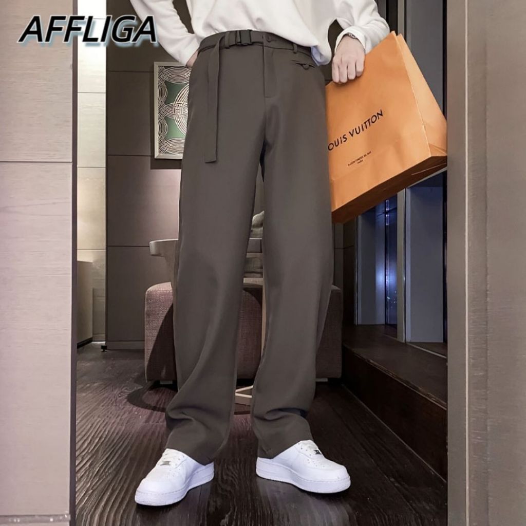 ✦ AFFLIGA ✦Quần dài lưng cao ống rộng màu trơn đơn giản thời trang Hàn Quốc cho nam