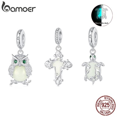 Mặt dây chuyền bạc sterling 925 BAMOER hình chim cú / rùa biển phát sáng DIY
